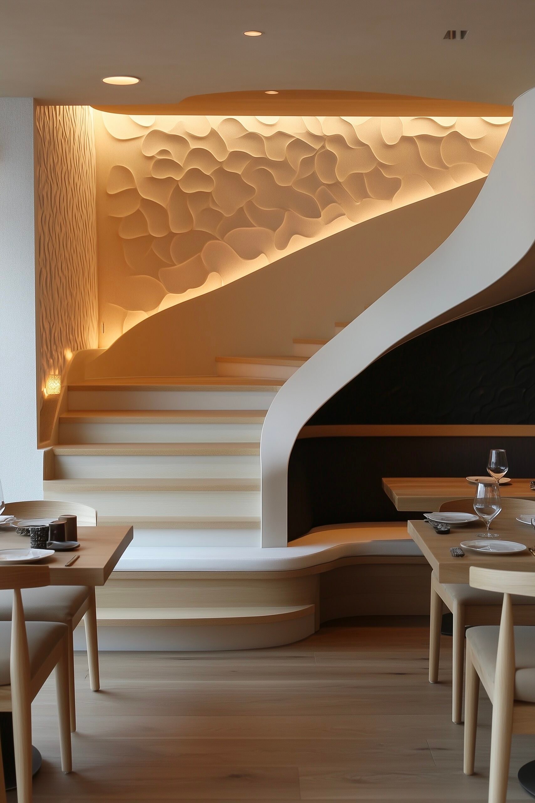 aménagement restaurant mur relief lumière élégant