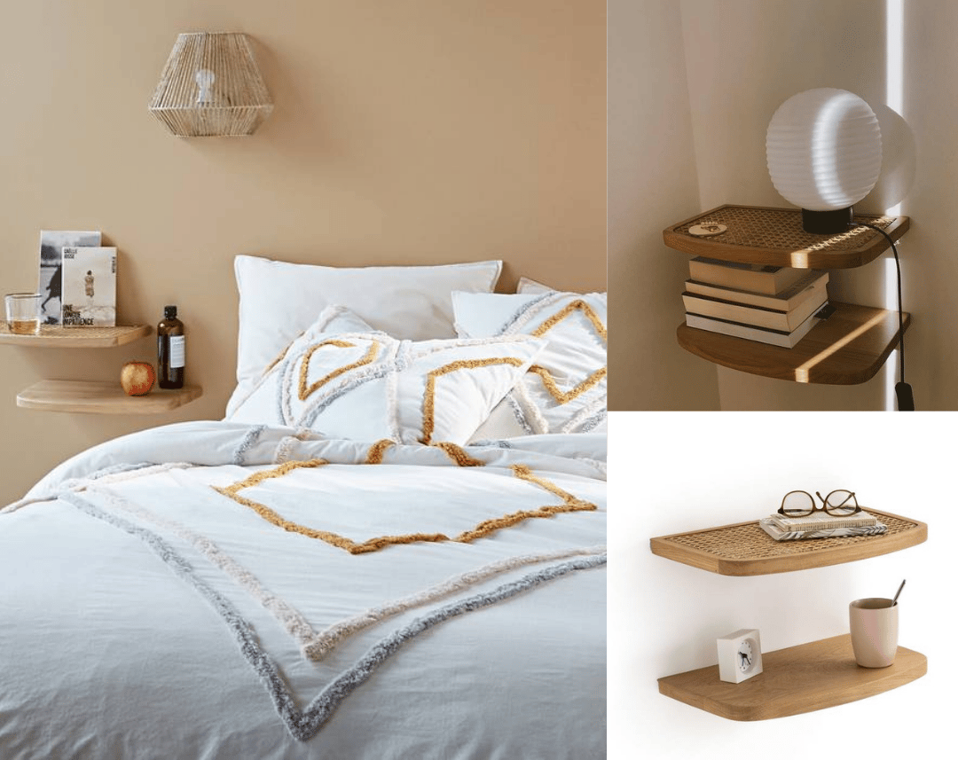 table de nuit suspendue 2 étagères cannage rotin bois