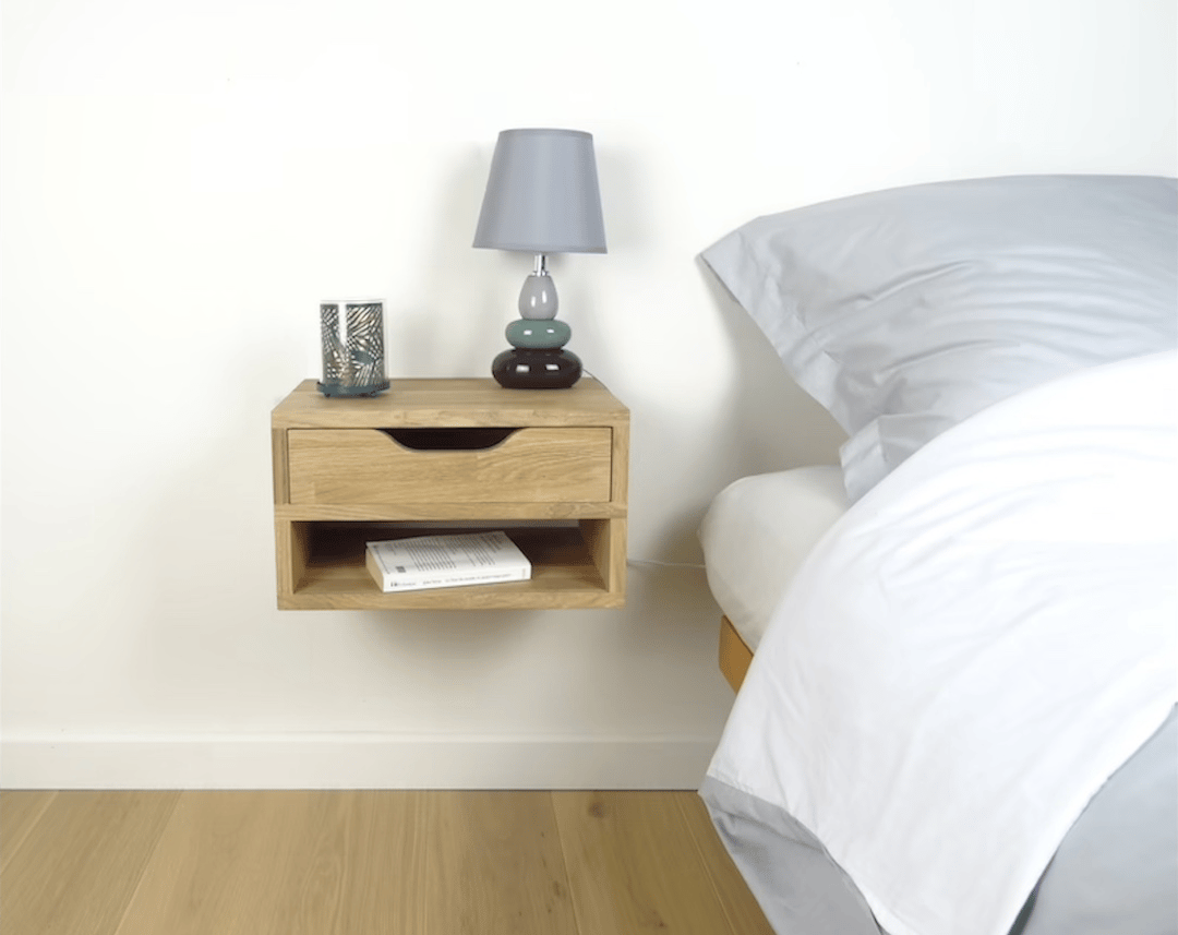 Chevet suspendu tiroir bois design chambre grise 