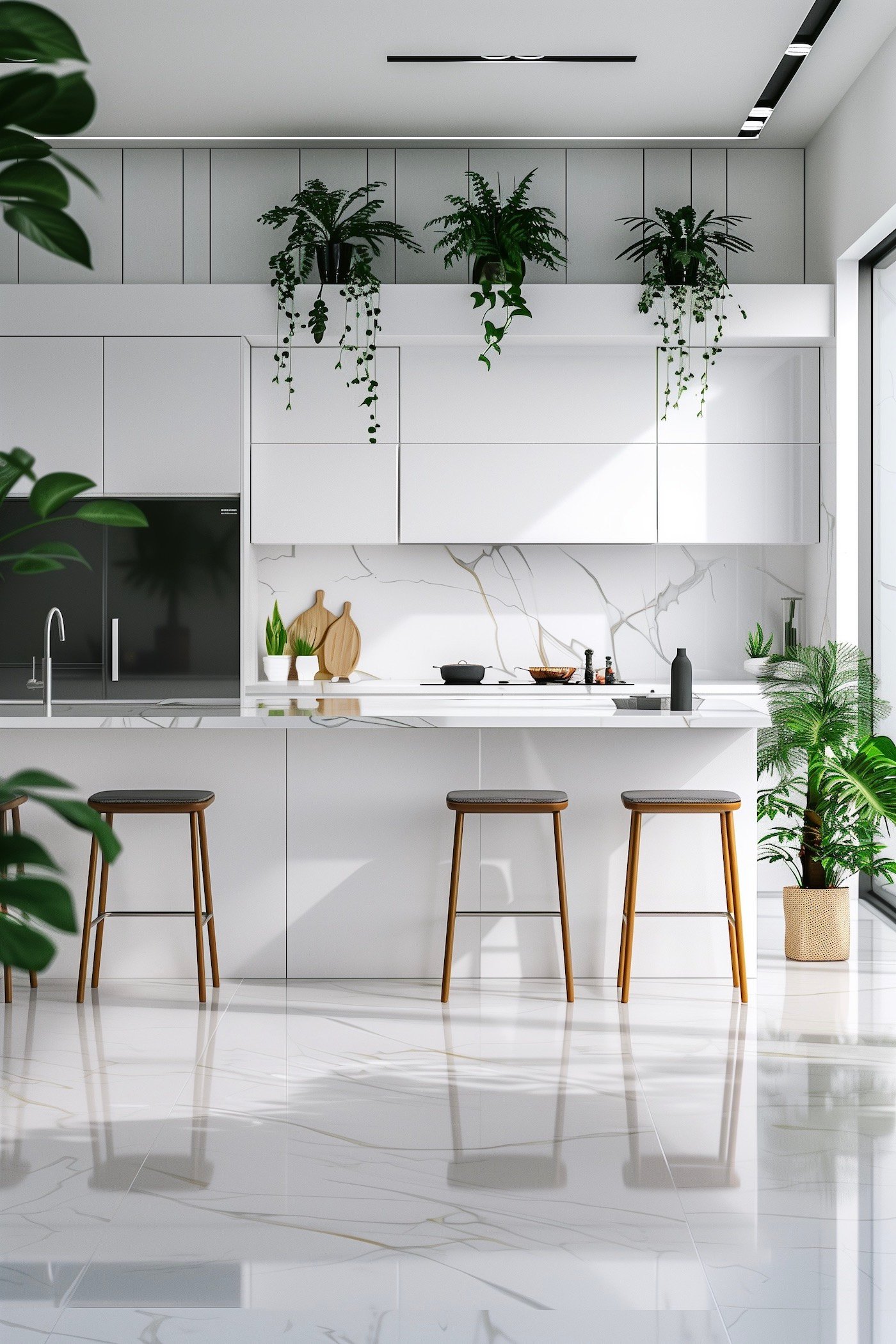 cuisine toute blanche sol effet marbre brillant