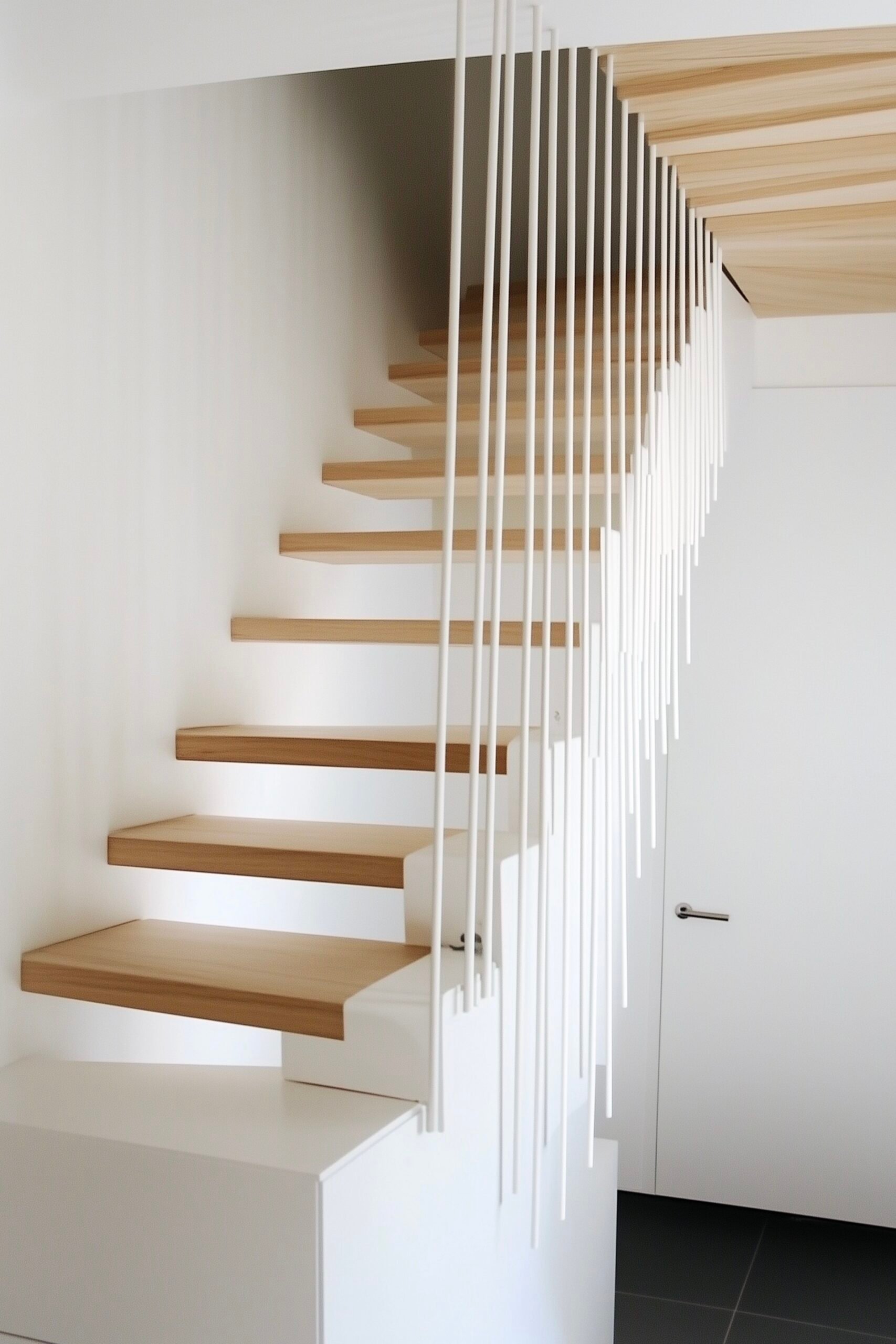 escalier bois scandinave suspendu tiges fer