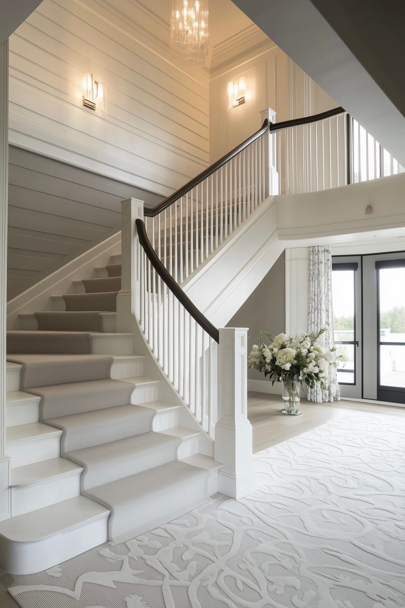 maison américaine grand escalier blanc tapis moquette grise