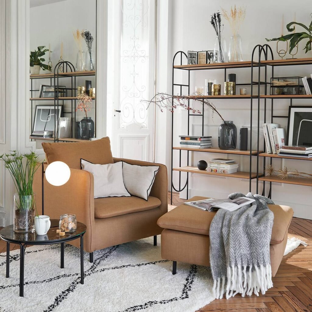 salon fauteuil club lin déco marron ocre tapis berbère