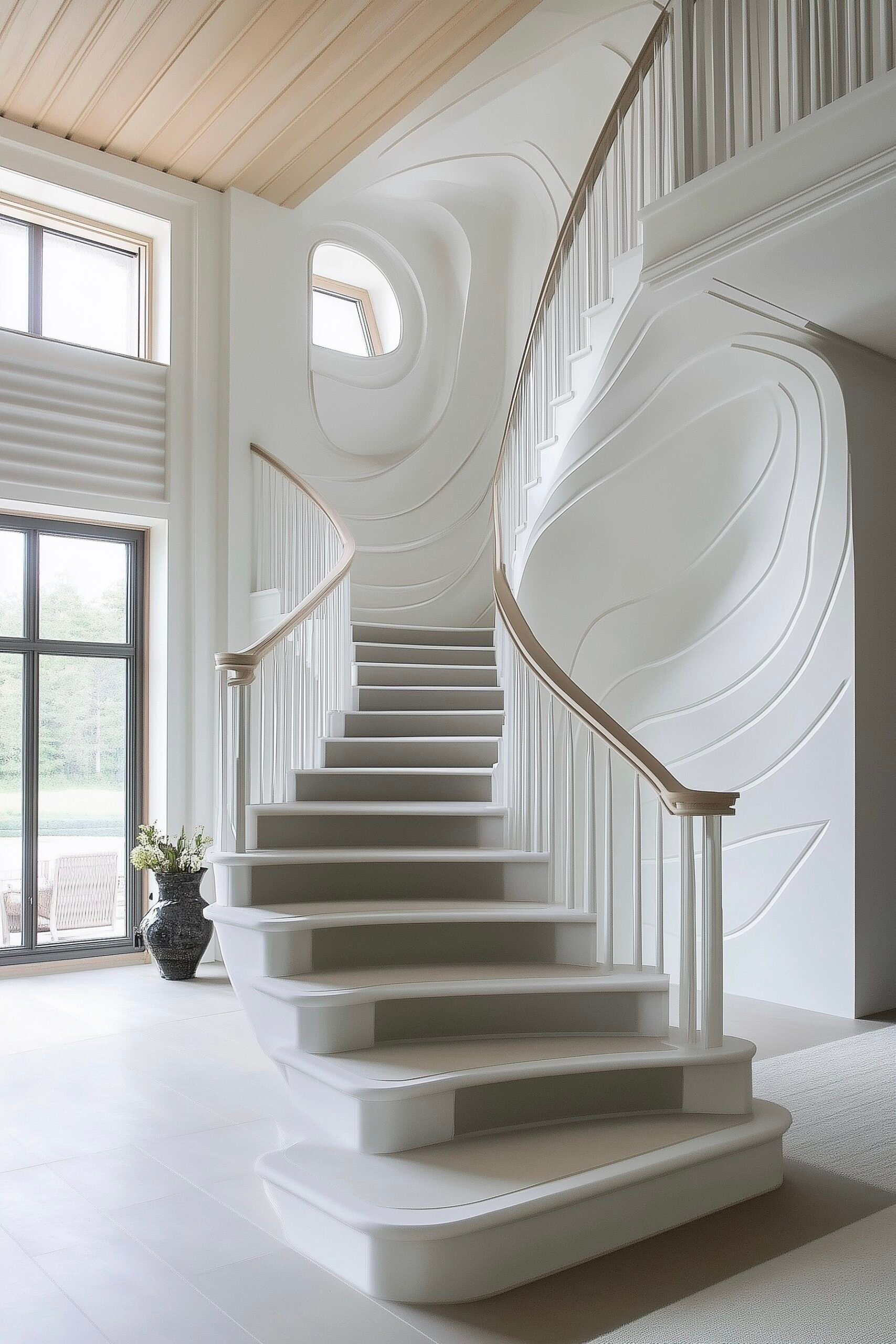 villa contemporaine escalier arrondi blanc tapis