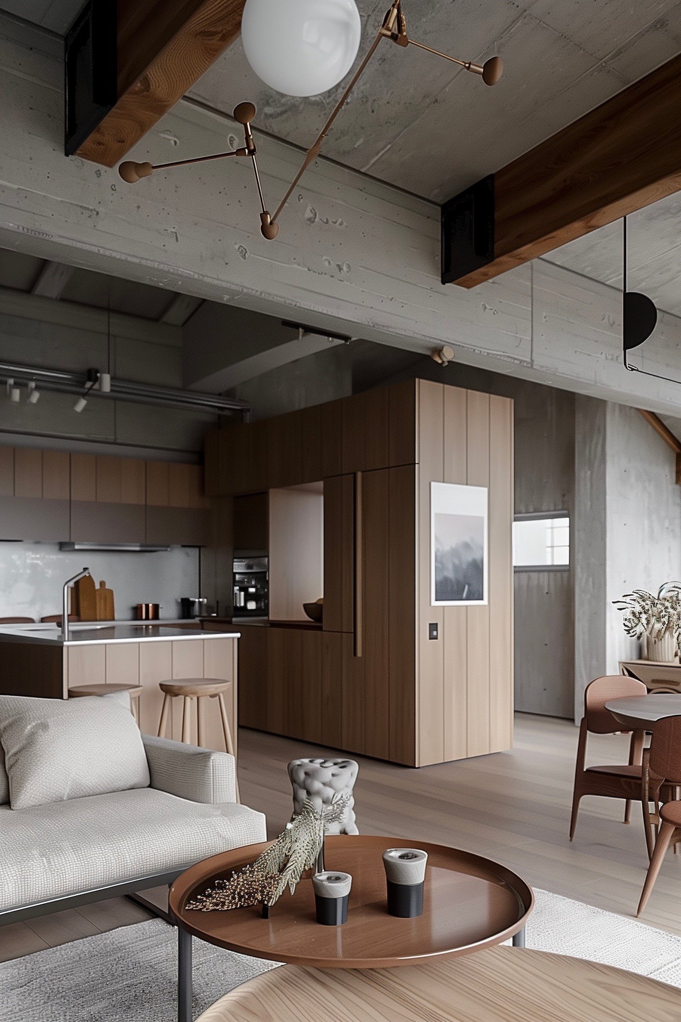 aménager loft plateau cloison cuisine couloir bois brutalisme