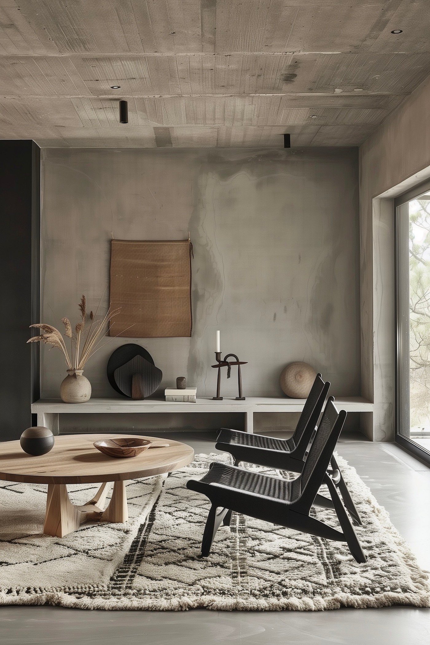 chalet décoration béton brut noir blanc bohème loft