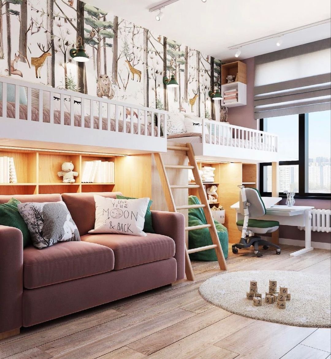 chambre enfant lit hauteur jumeaux échelle bois deco bucolique féerique violet prune vert beige papier peint hivernal