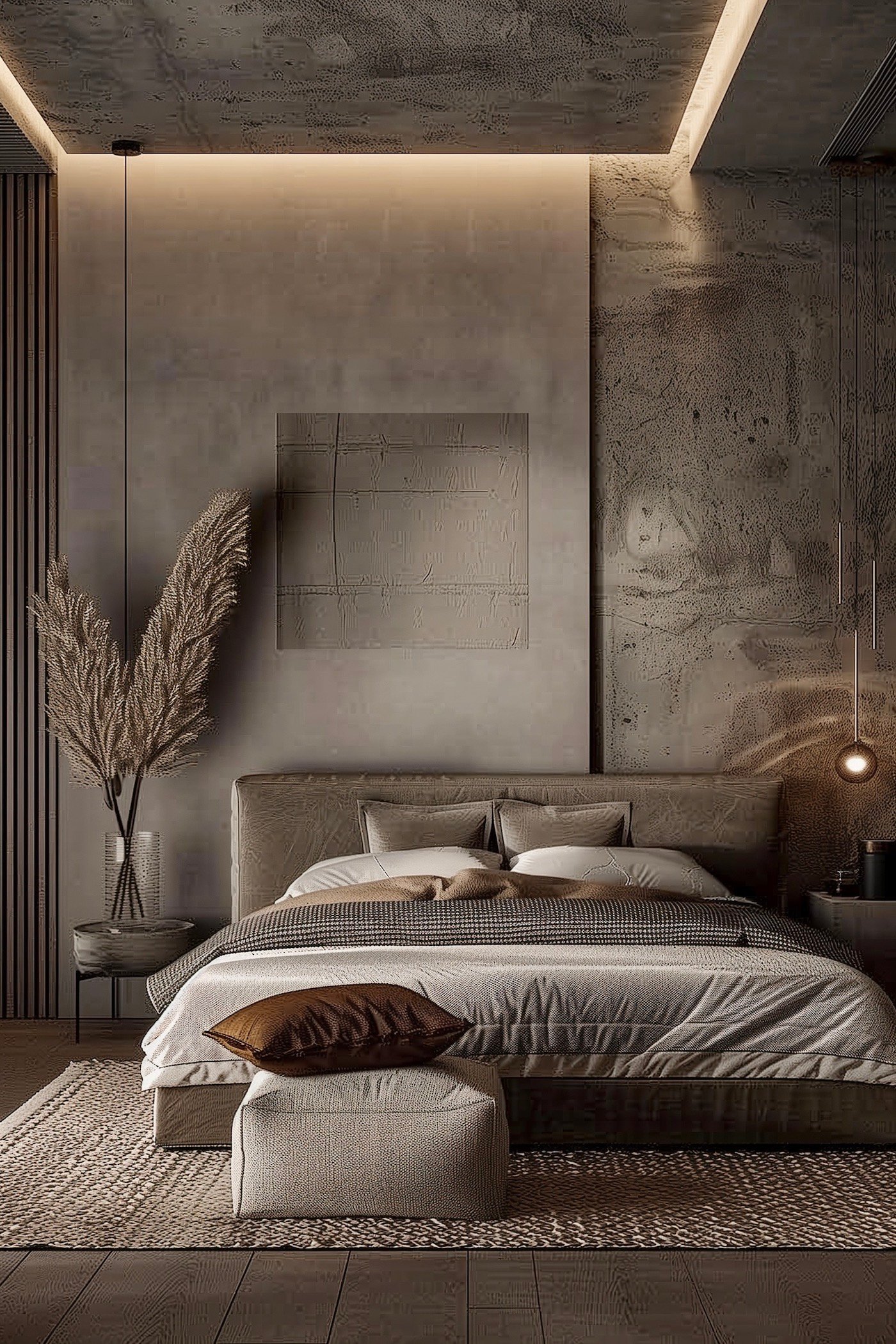 chambre style déco Brutalisme architecture gris orange