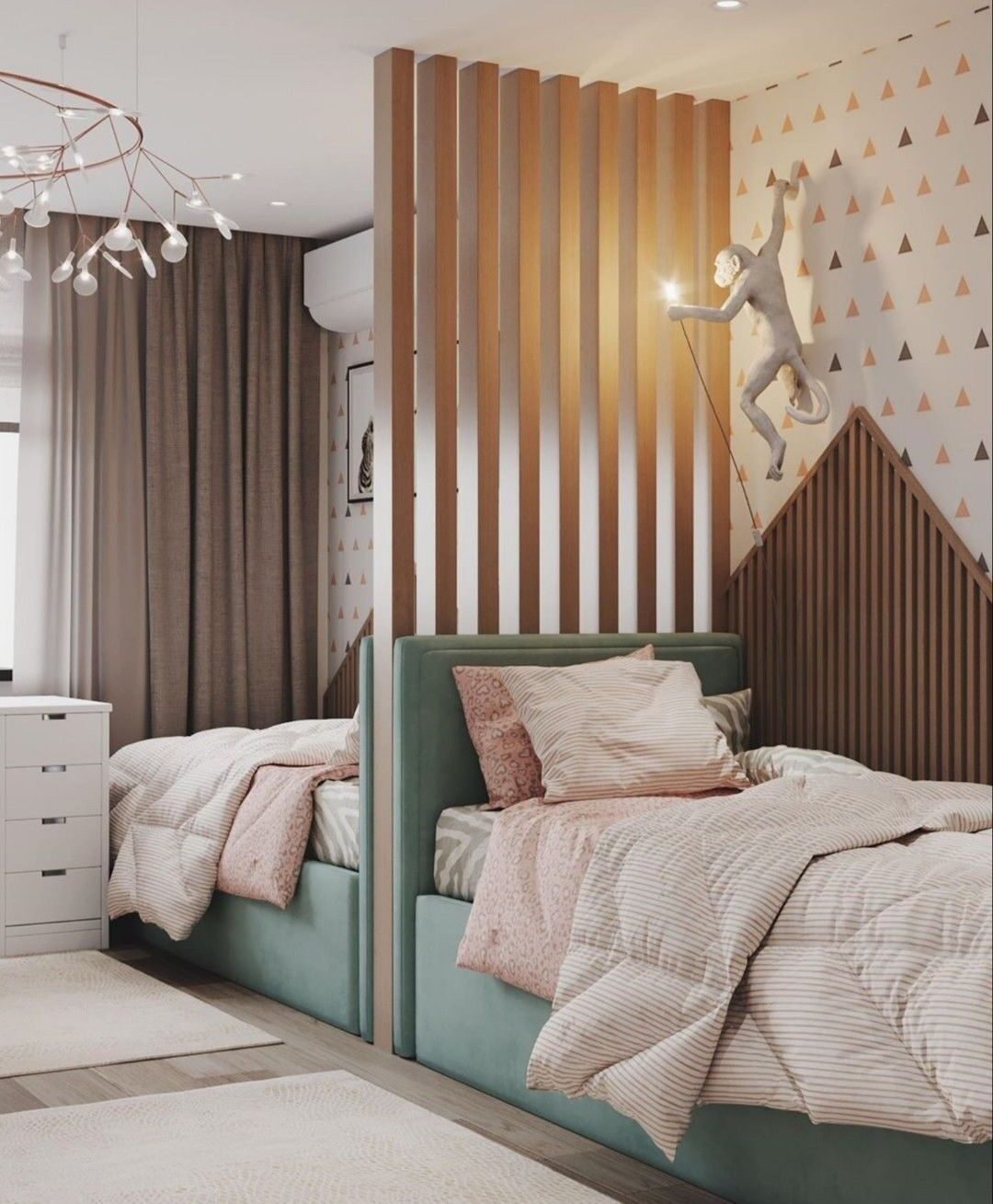 deco intérieure rose vert pastel cloison fixe bois clair lit simple velours vert celadon suspension pétale tapis rectangle blanc