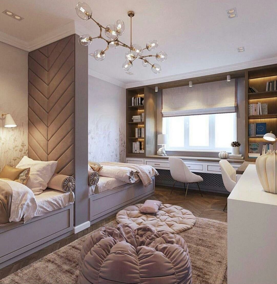 decoration chambre double enfant jumeaux rose blush vintage poudré pouf rond cloison fixe velours suspension design