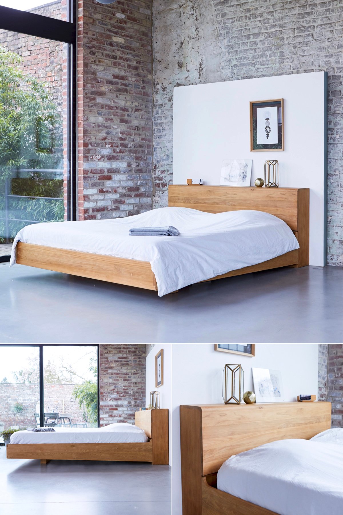 lit bois effet flottant pied invisible chambre loft mur briques verrière