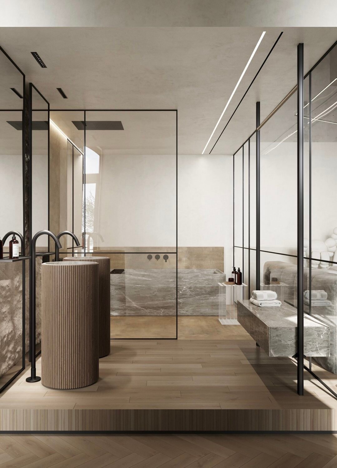 paroi vitrée douche italienne marbre beige robinet noir