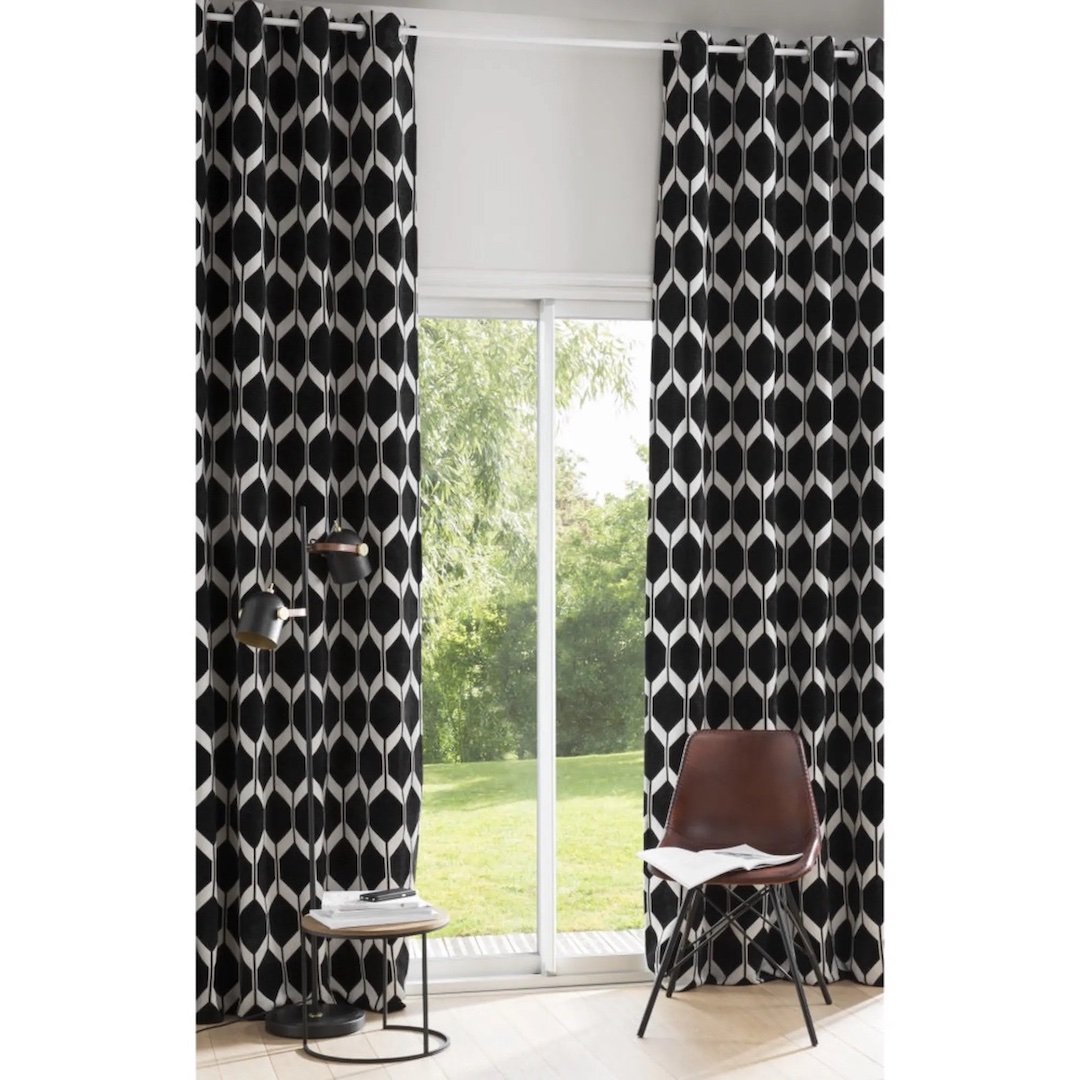 Rideau velours motif graphique noir et blanc jacquard art déco