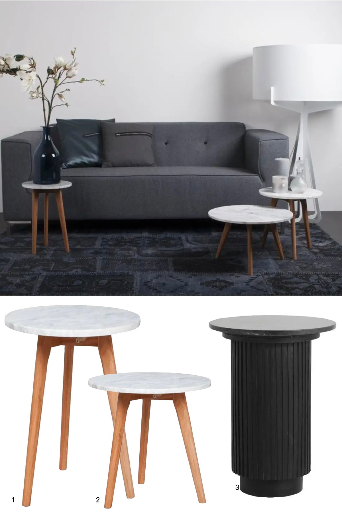 salon déco noire blanche table gigogne marbre