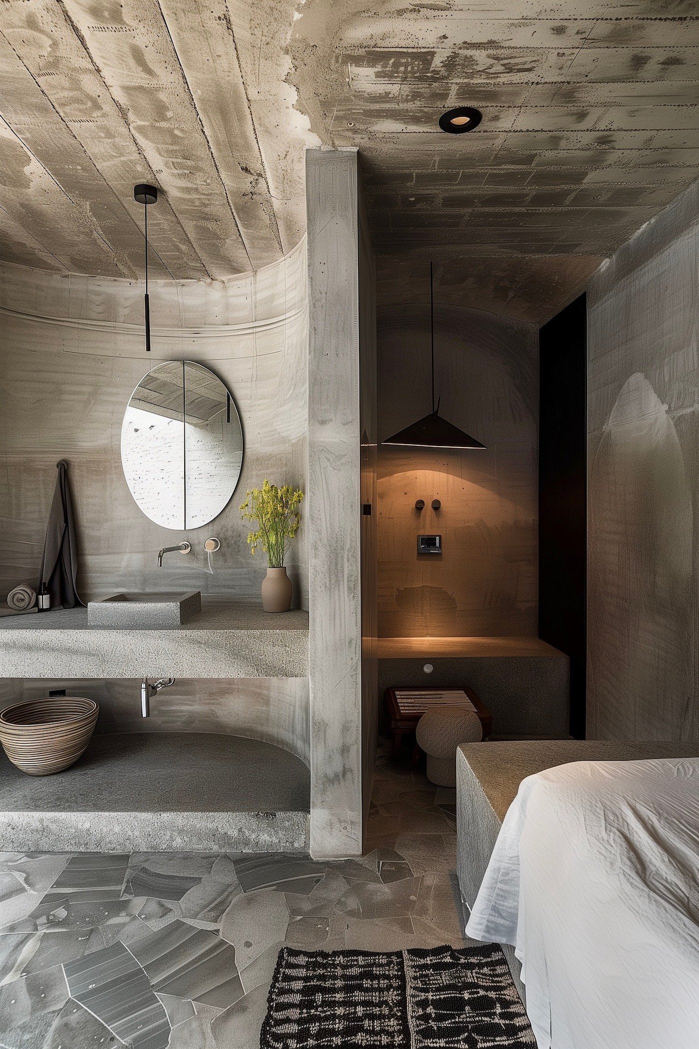 suite parentale hotel béton arche industriel post-moderne