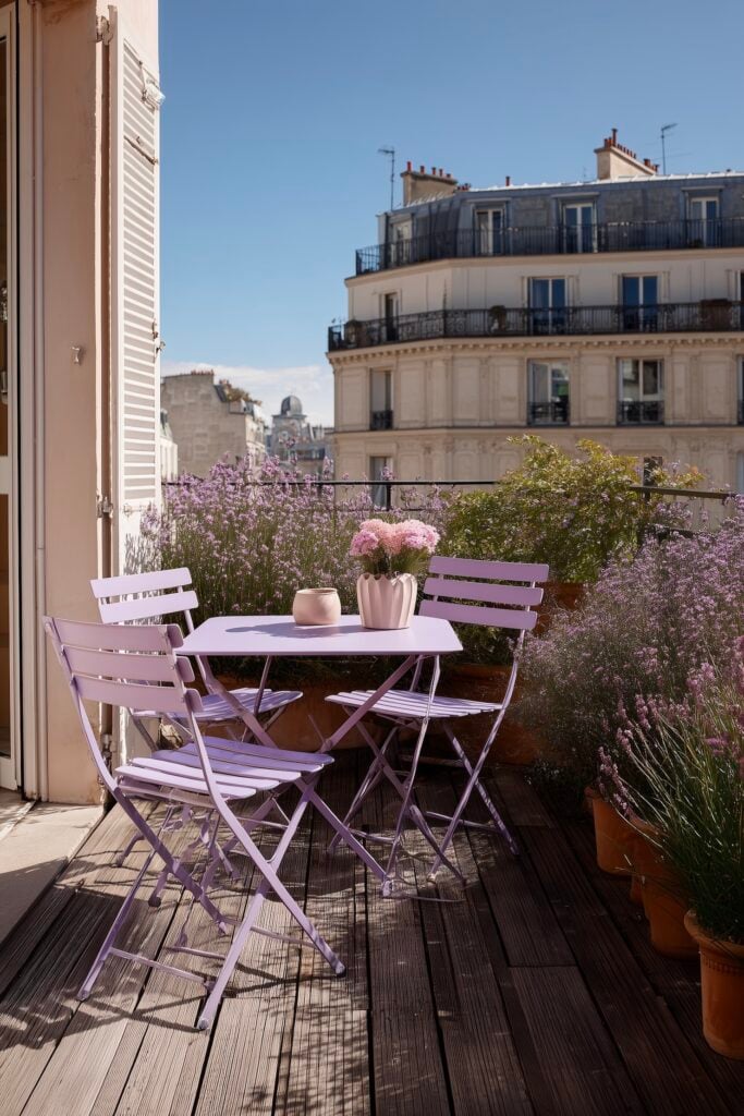 balcon terrasse Paris chaise table métal violet pliante
