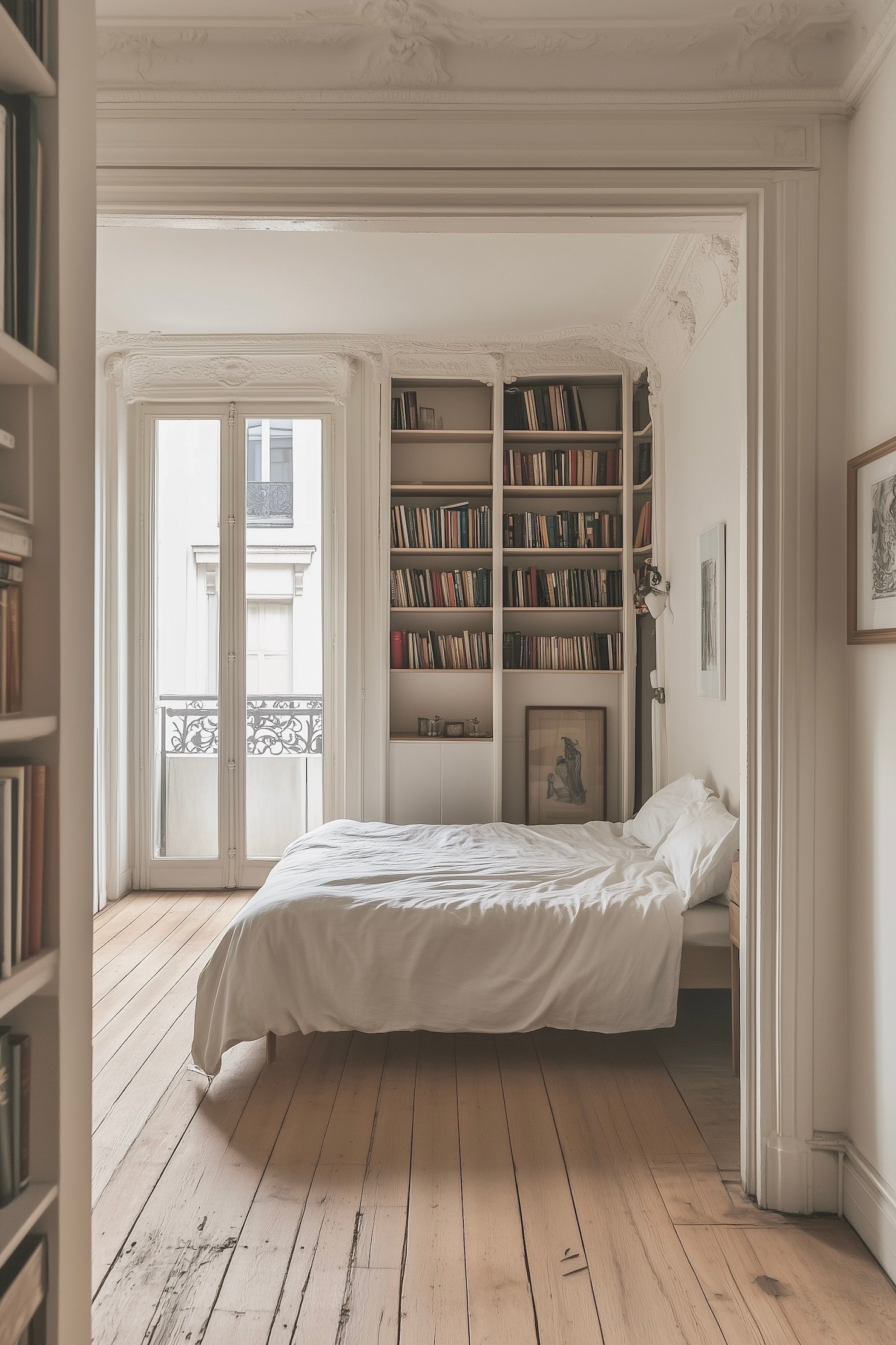 bibliothèque sur-mesure niches moulures appartement parisien