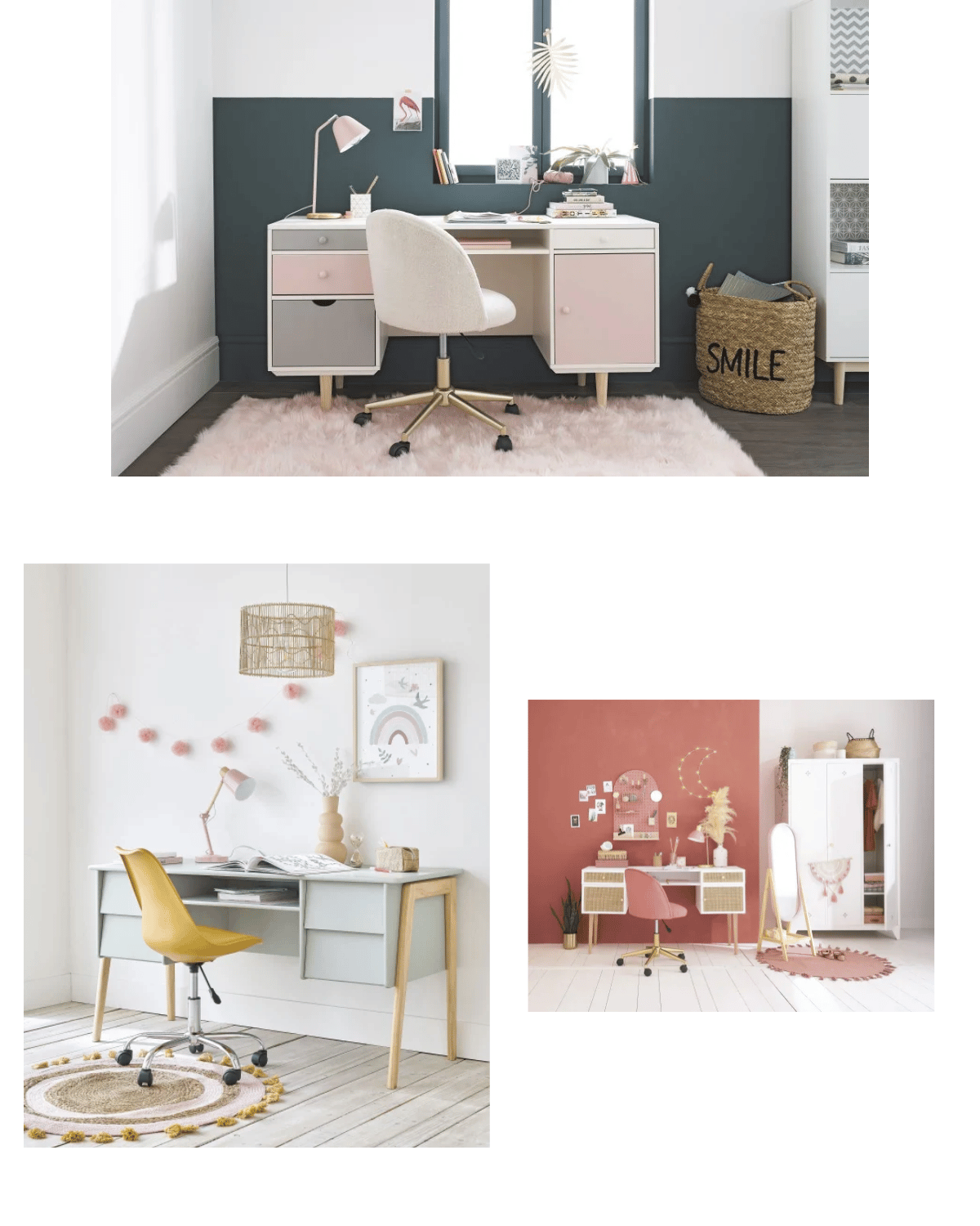 bureau de collégien fille chambre ado déco blanche rose terracotta gris