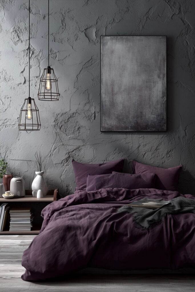 décoration couleur parme lit loft mur béton