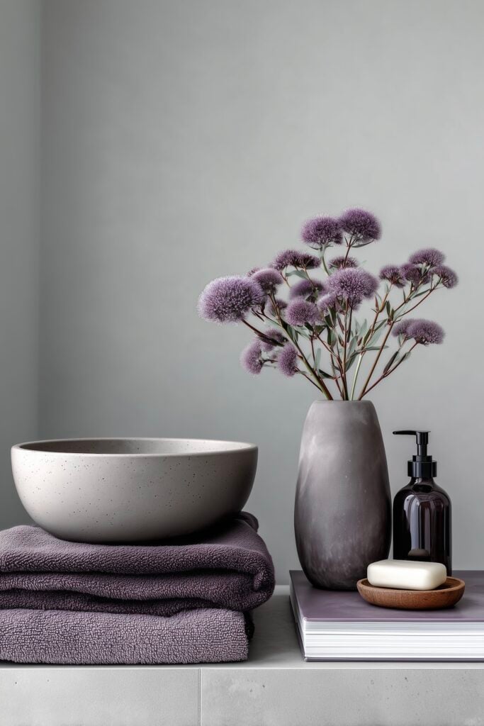 décoration couleur parme salle de bains spa