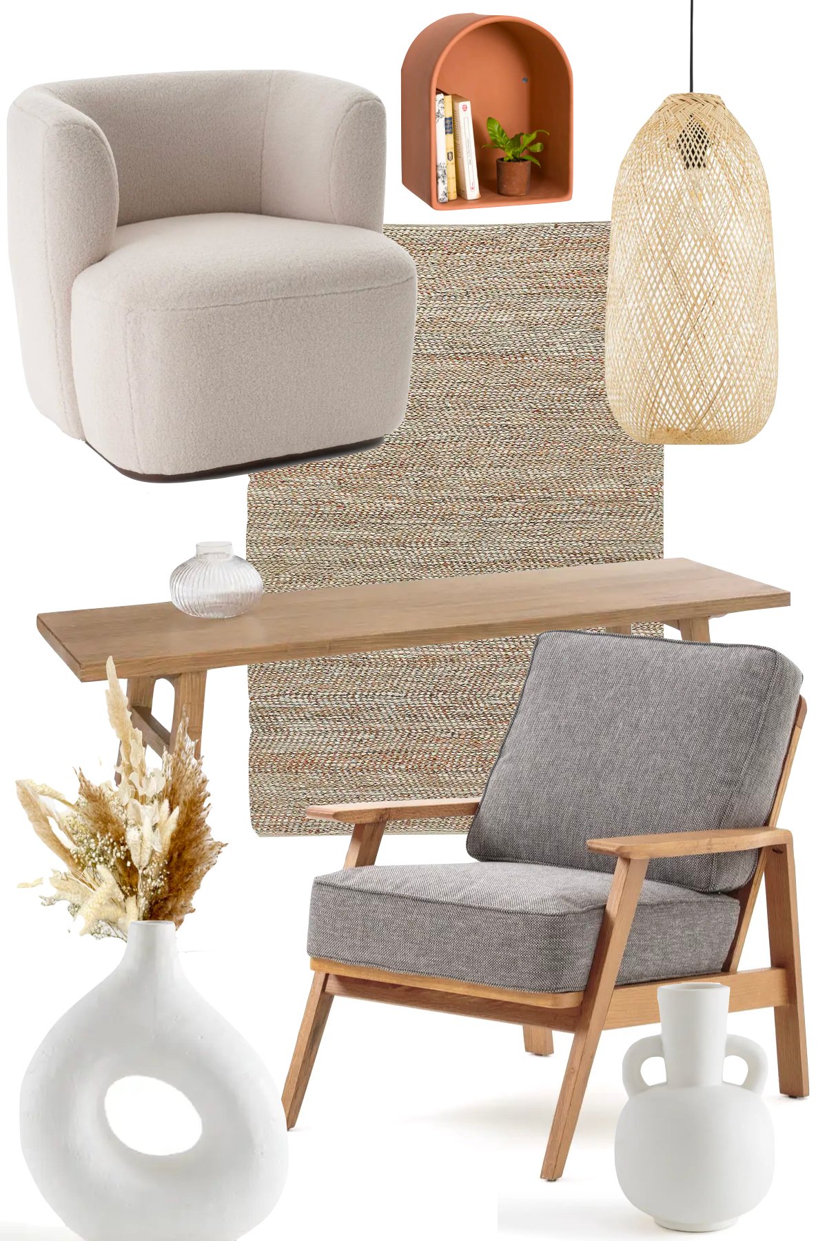 salon beige blanc fauteuil bouclette pas cher fibres naturelles bohème neutre 70s