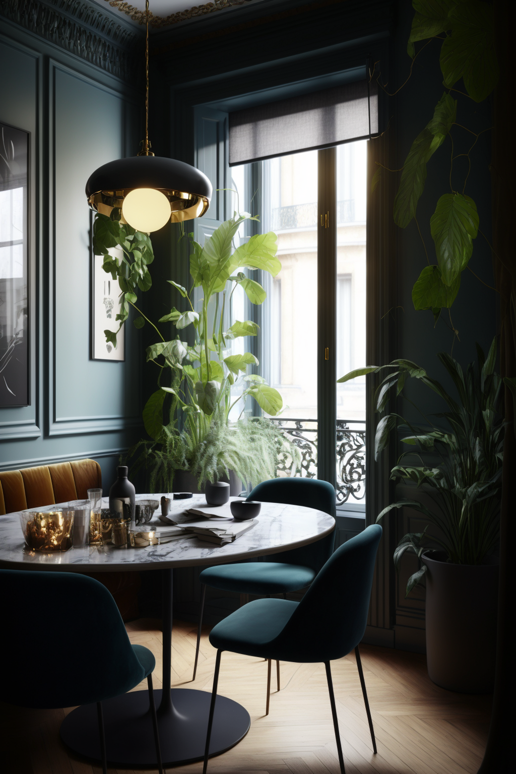 appartement haussmanien salle à manger mur bleu canard