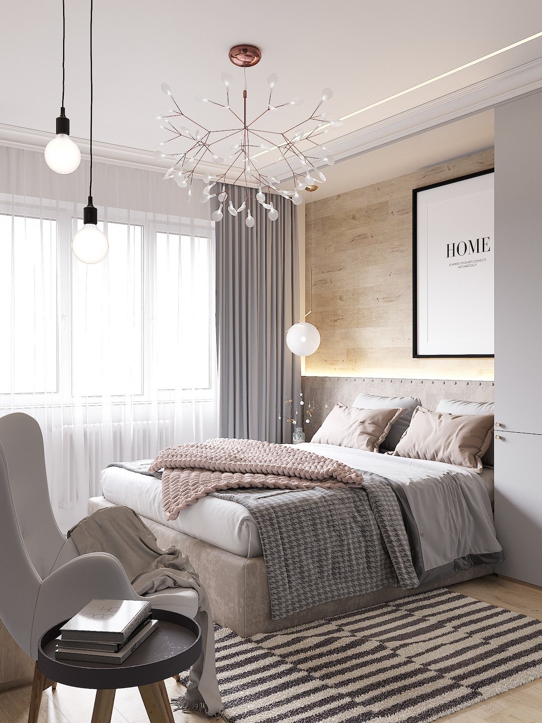 chambre d'amis suite parentale tapis rayures noir blanc suspension métal noir lustre design rideaux gris