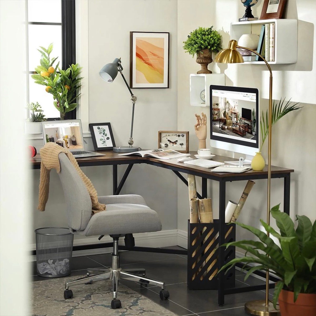 espace télétravail coin salon bois métal