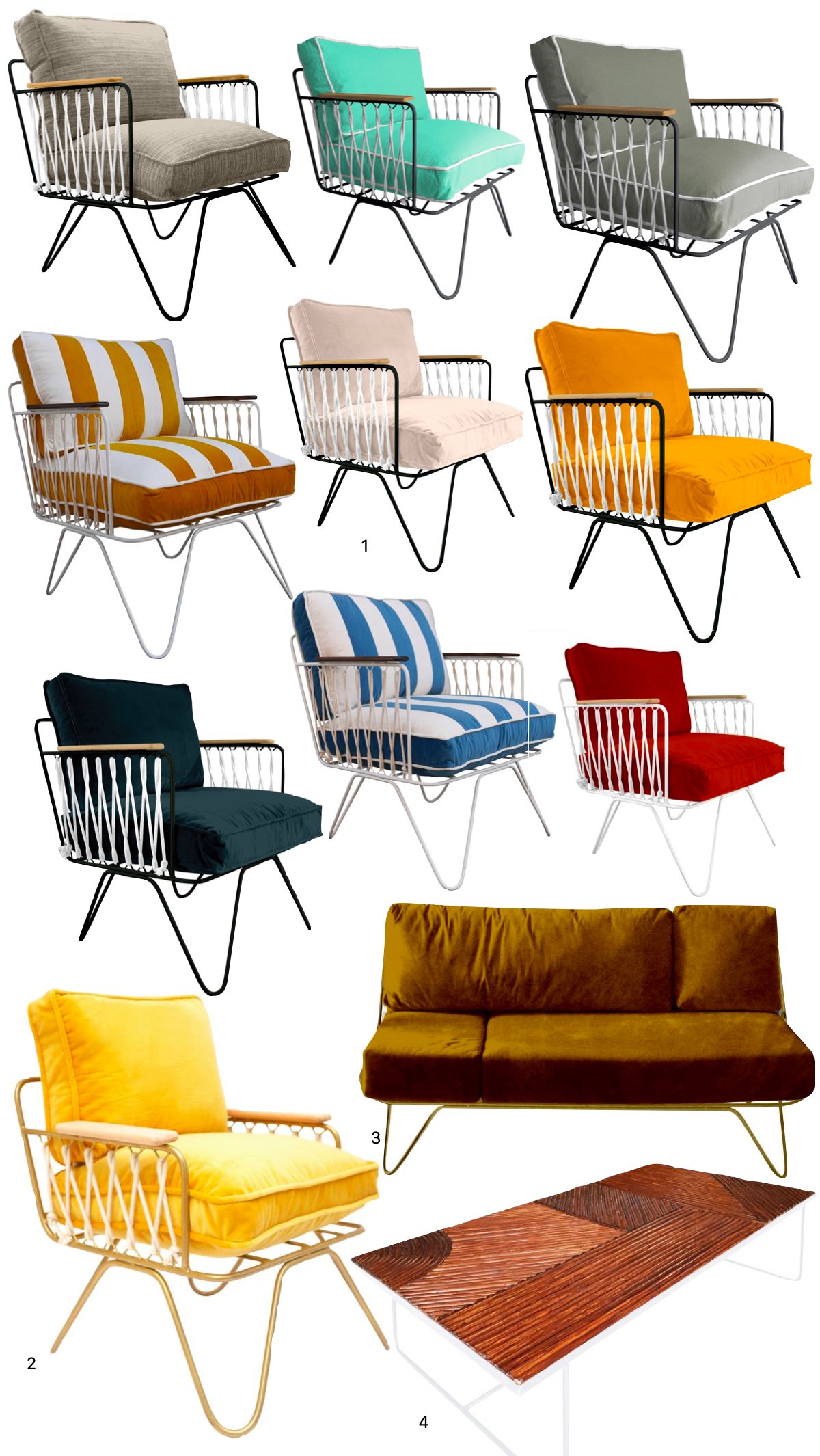 fauteuil jardin couleur velours confortable corde design rétro