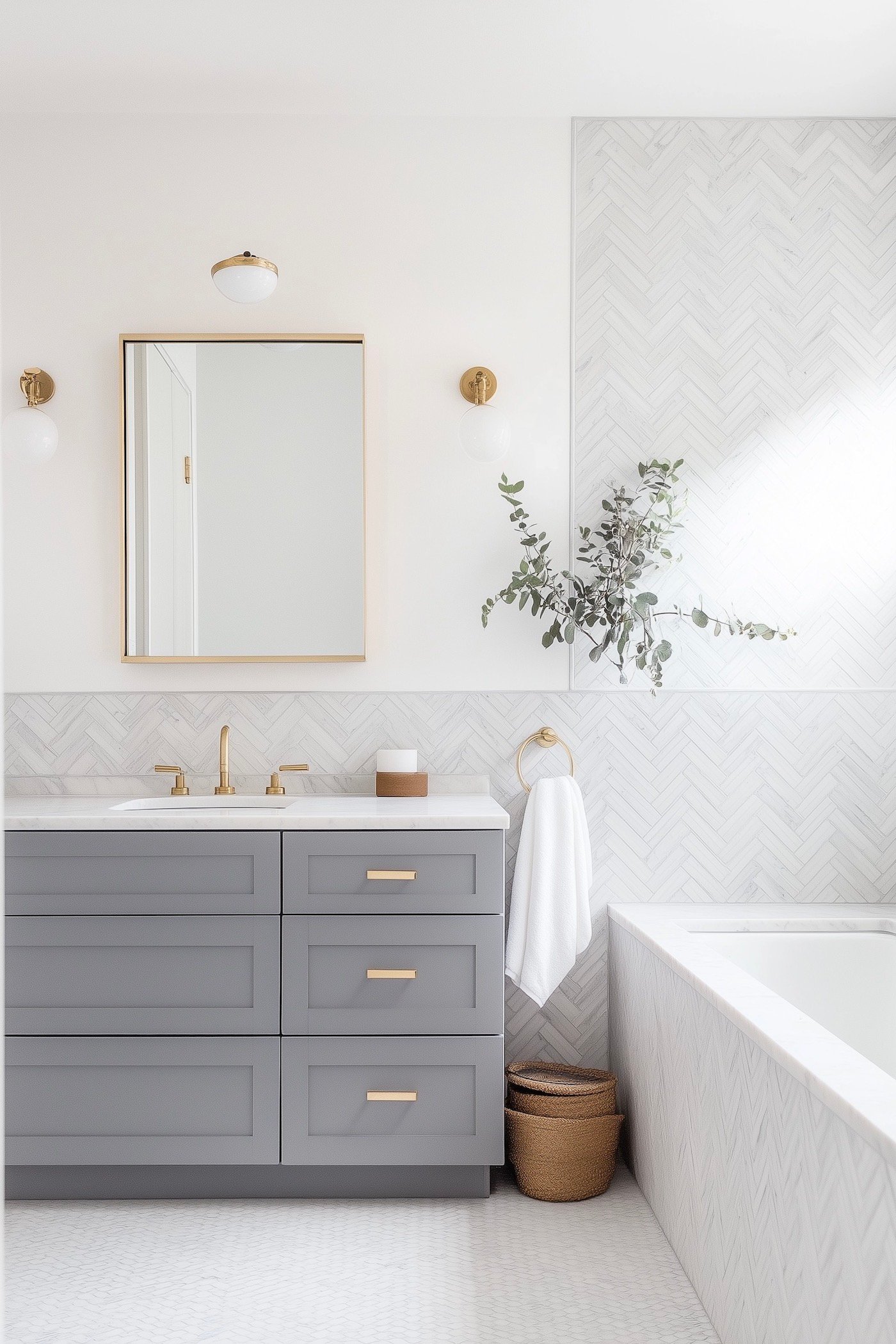 salle de bain carrelage chevron blanc meuble gris déco laiton