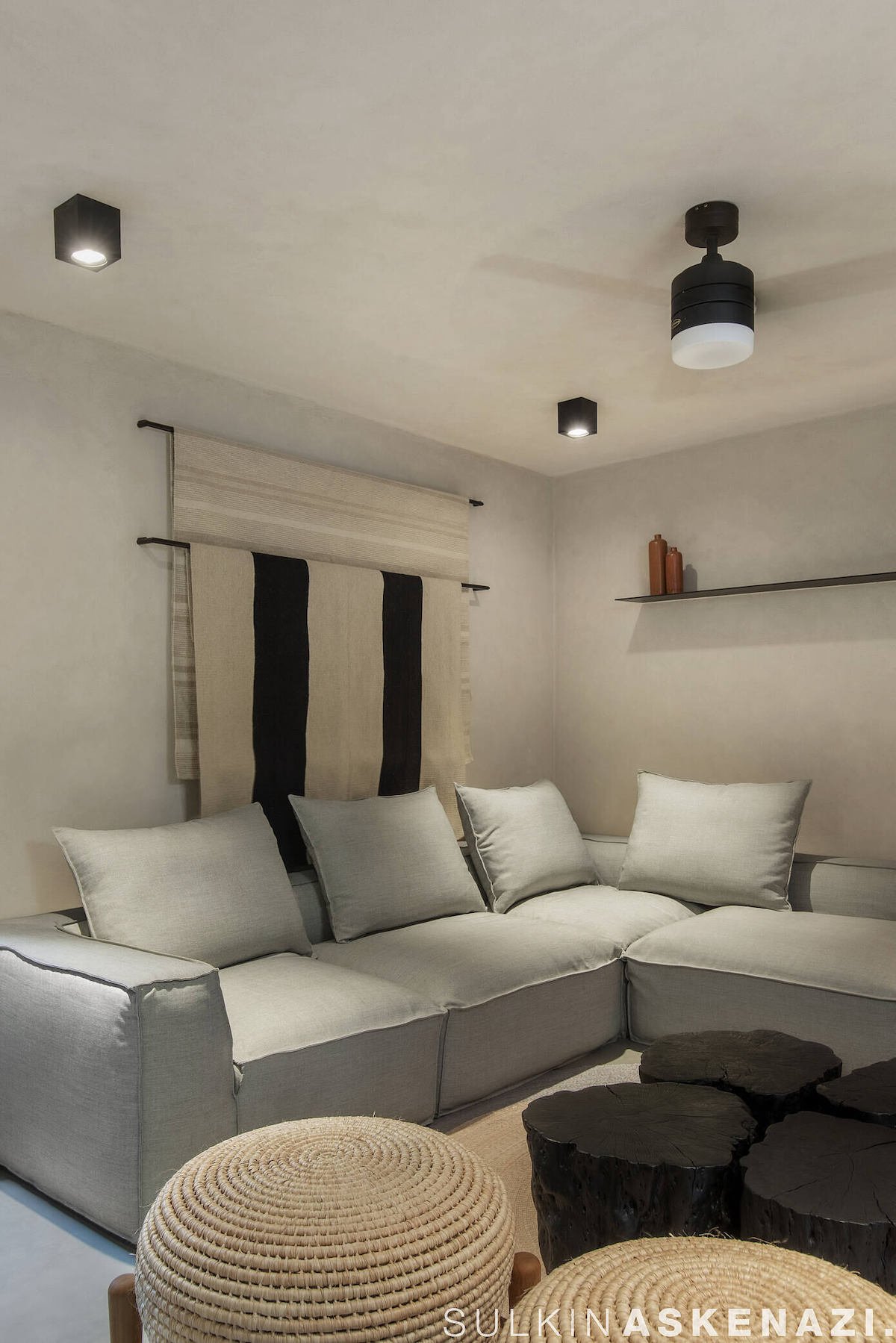 salon canapé angle gris table basse rondin noir