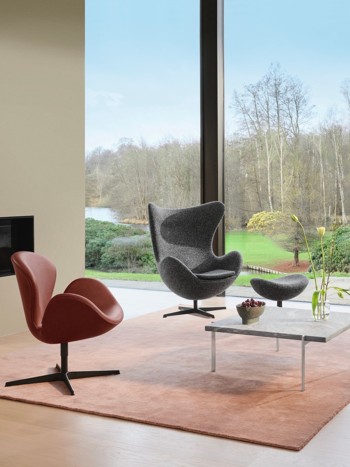 fauteuil rond oeuf gris chiné salon table basse béton