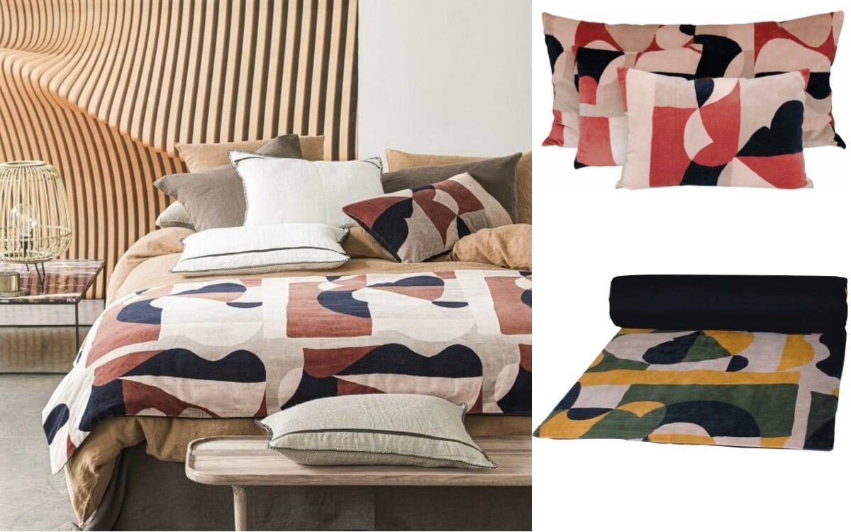 linge de lit coussin style 60 années 70 plaid déco