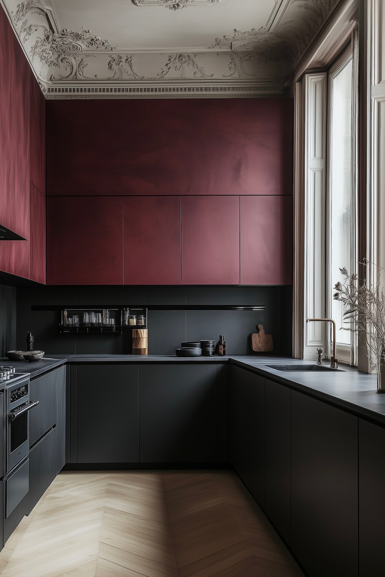 appartement parisien parquet point de Hongrie décoration foncée