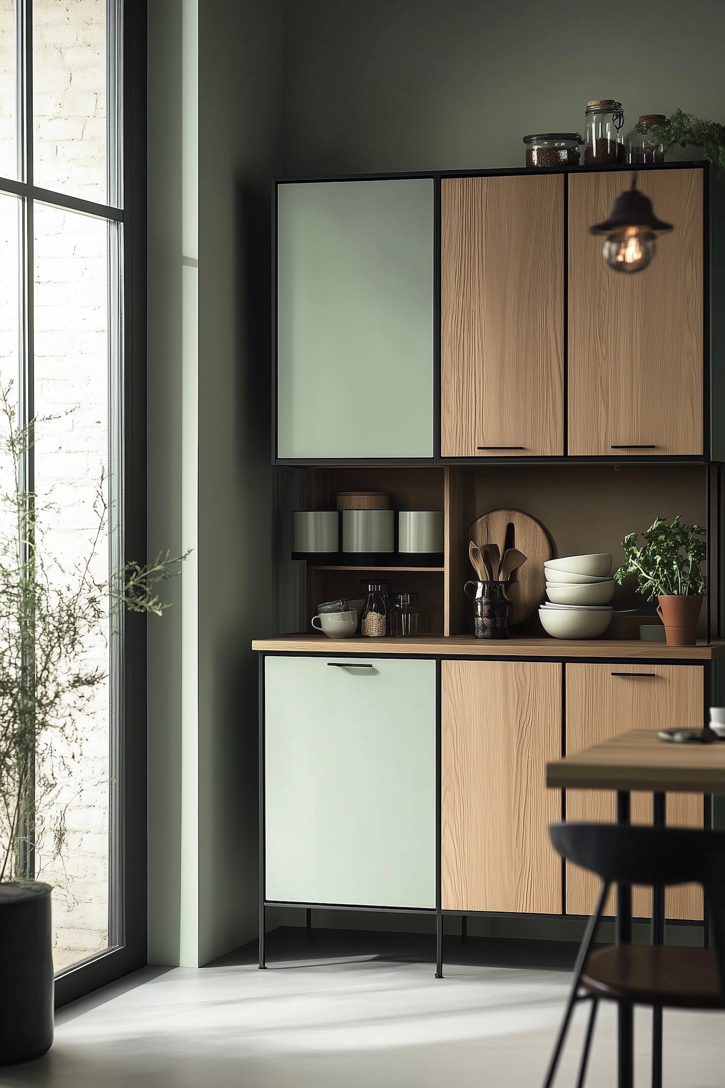 cuisine style industriel bois métal verte