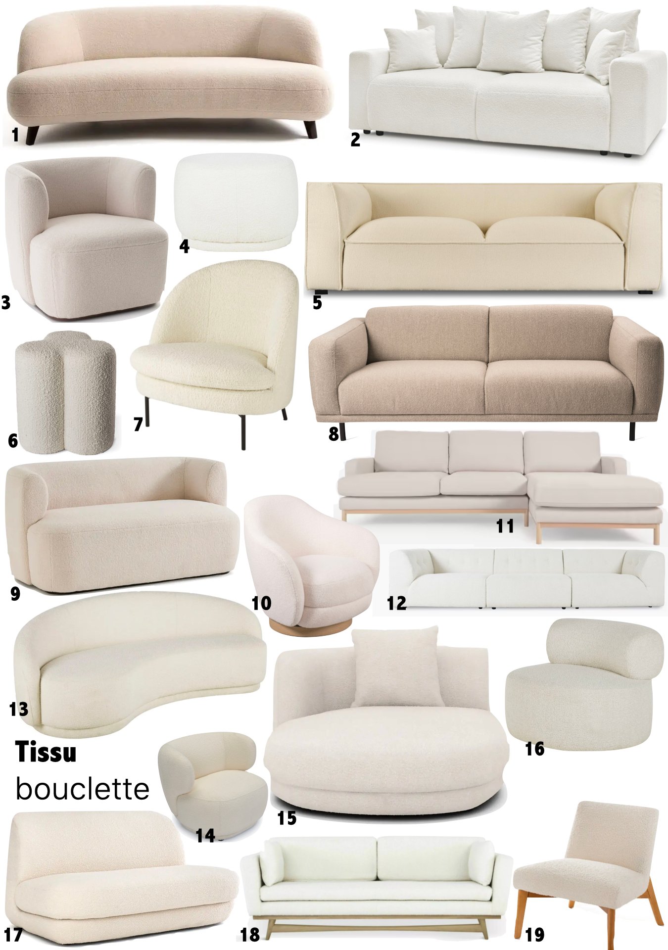 fauteuil canapé pouf tissu bouclette écru pas cher blanc