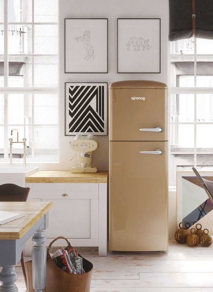 frigo couleur marron café tableau abstrait cuisine rustique champêtre parquet bois blanc