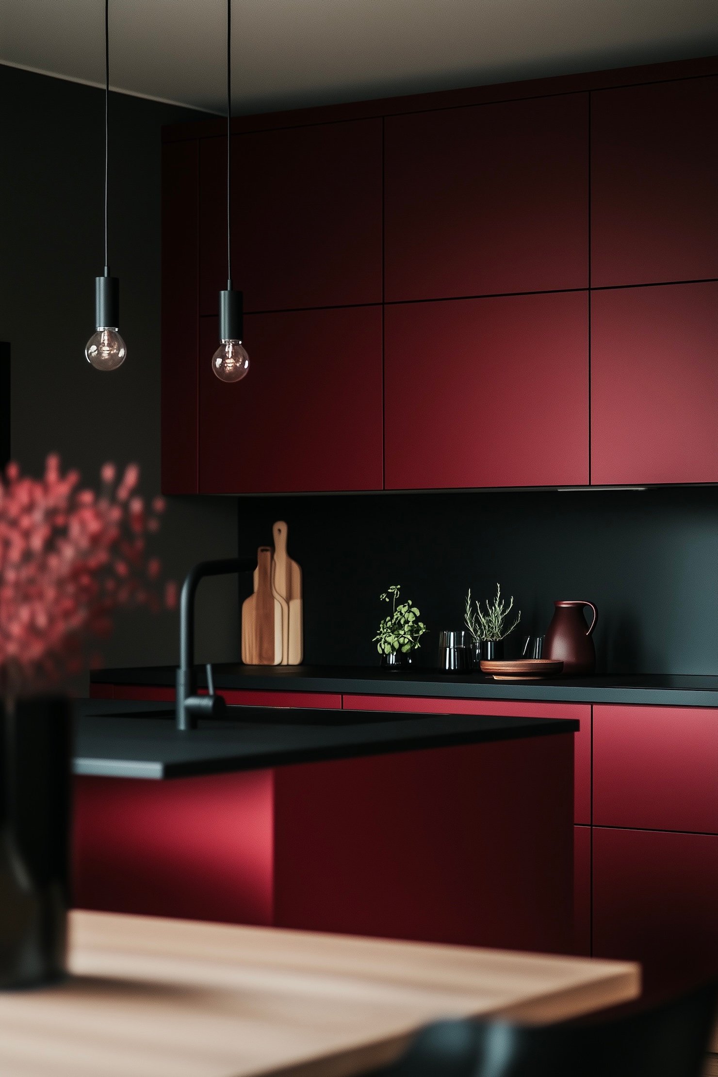 meuble cuisine minimaliste rouge bois noir