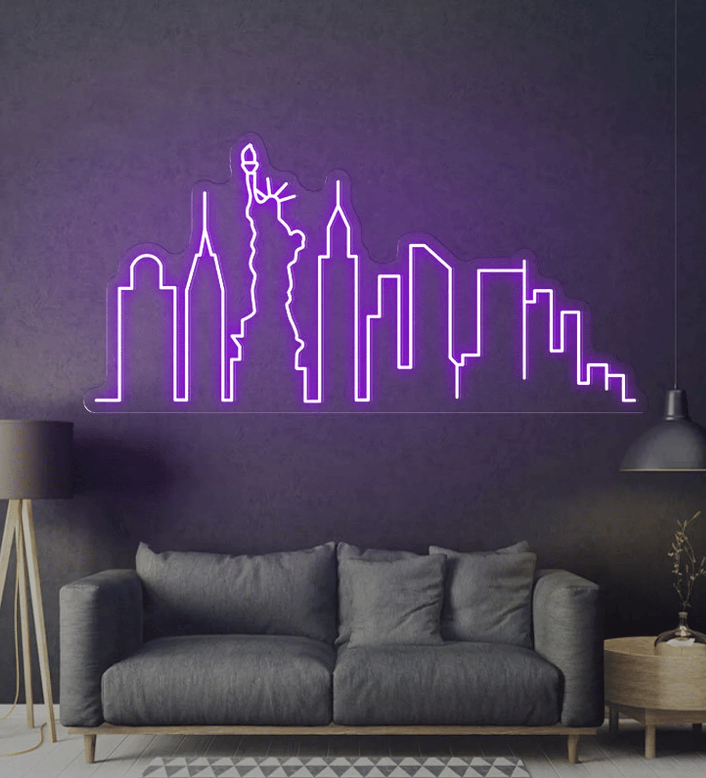 neon violet dessin urbain forme ville canapé droit gris lampe scandinave