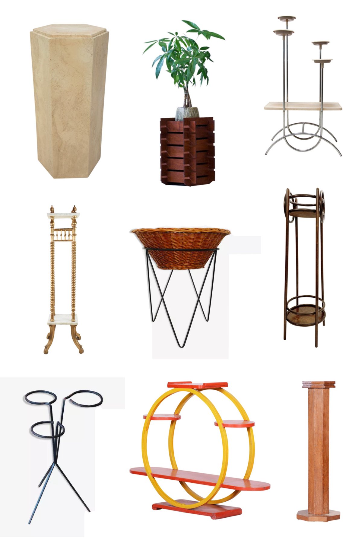 piédestal pour plantes jardinière sur pied rétro vintage bois pierre travertin