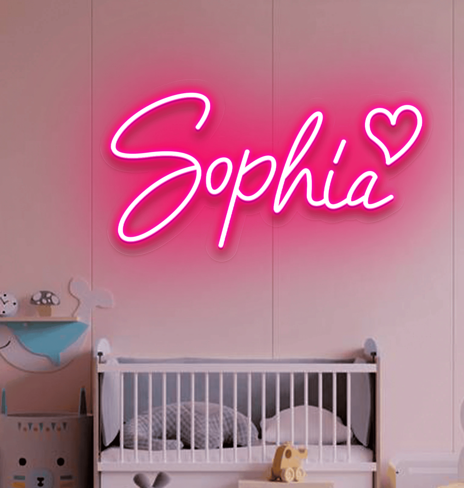 prénom neon rose chambre enfant bébé berceau blanc parquet bois