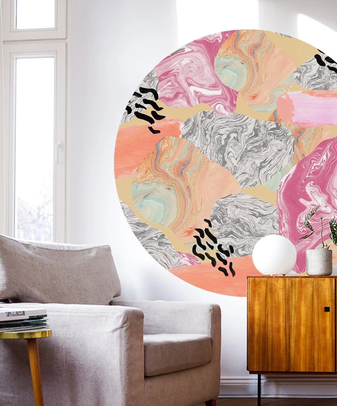 autocollant cercle colore deco boho effet marbre art geometrique