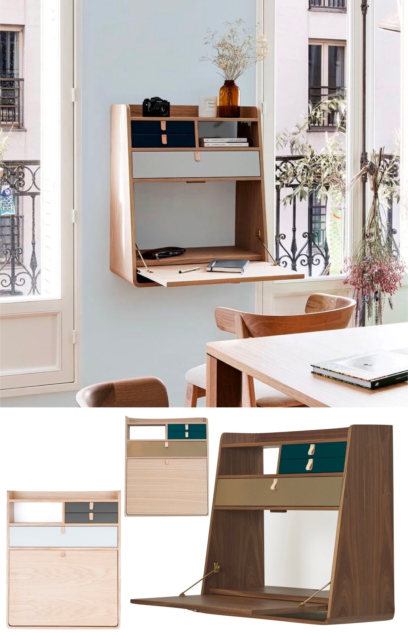 bureau mural collégien escamotable bois massif compact