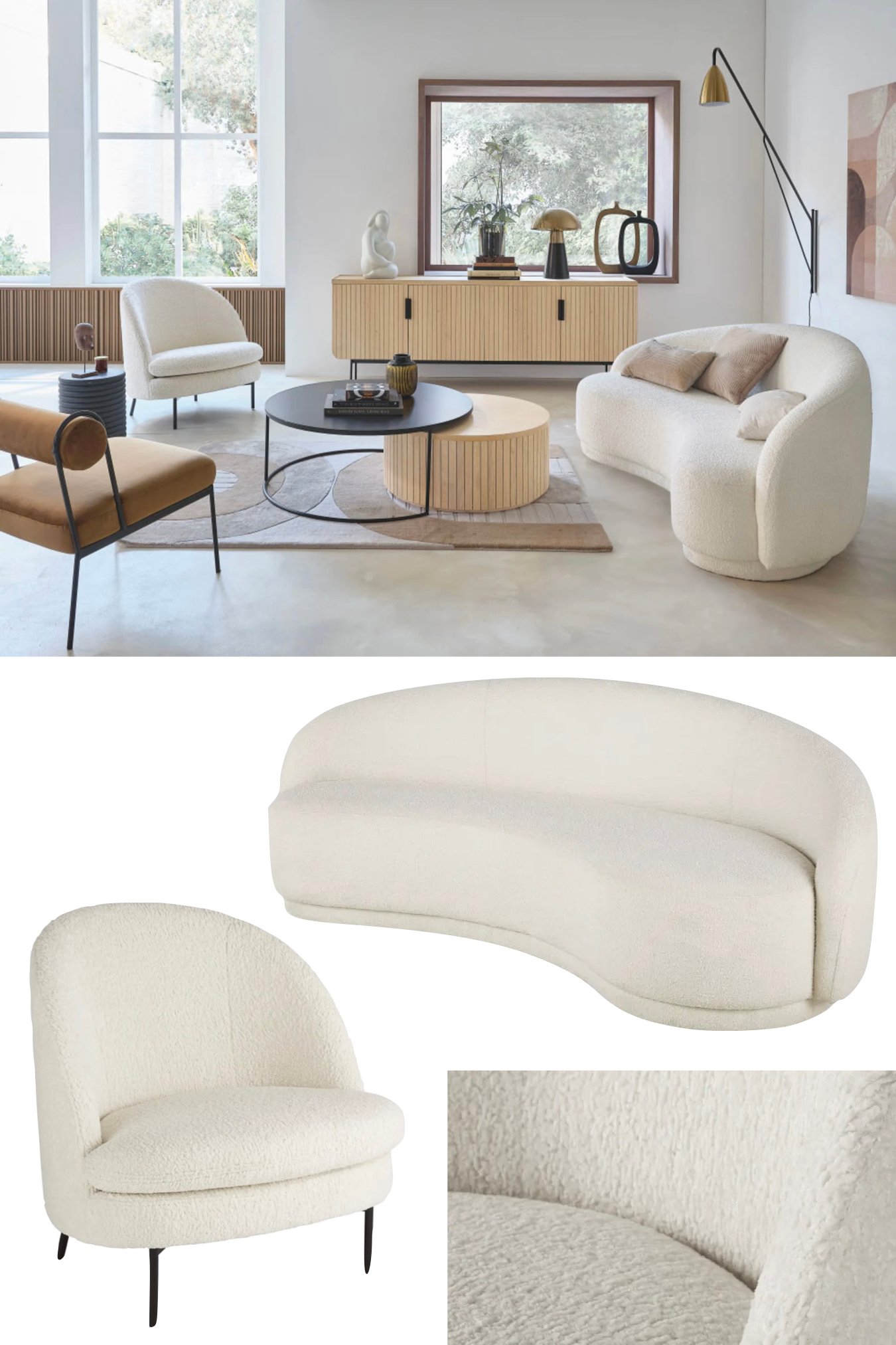 canapé tissu bouclette arrondi salon déco bois blanc table basse bois relief