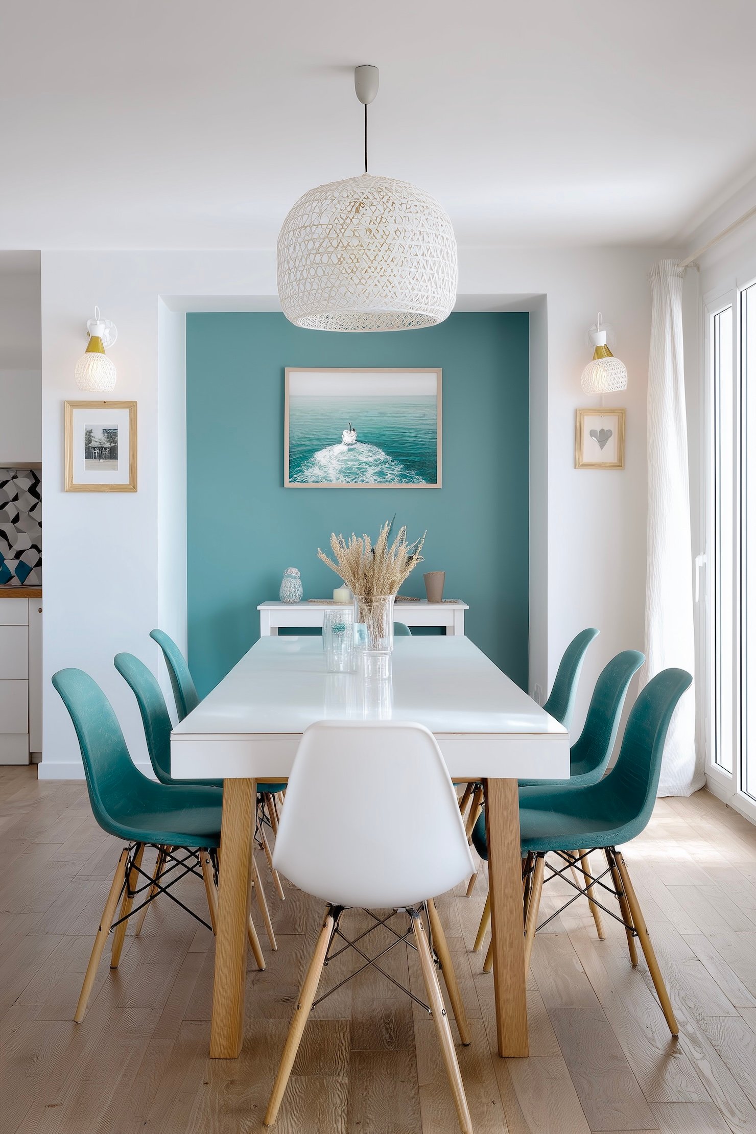 chaise Eames bleu turquoise mur peint