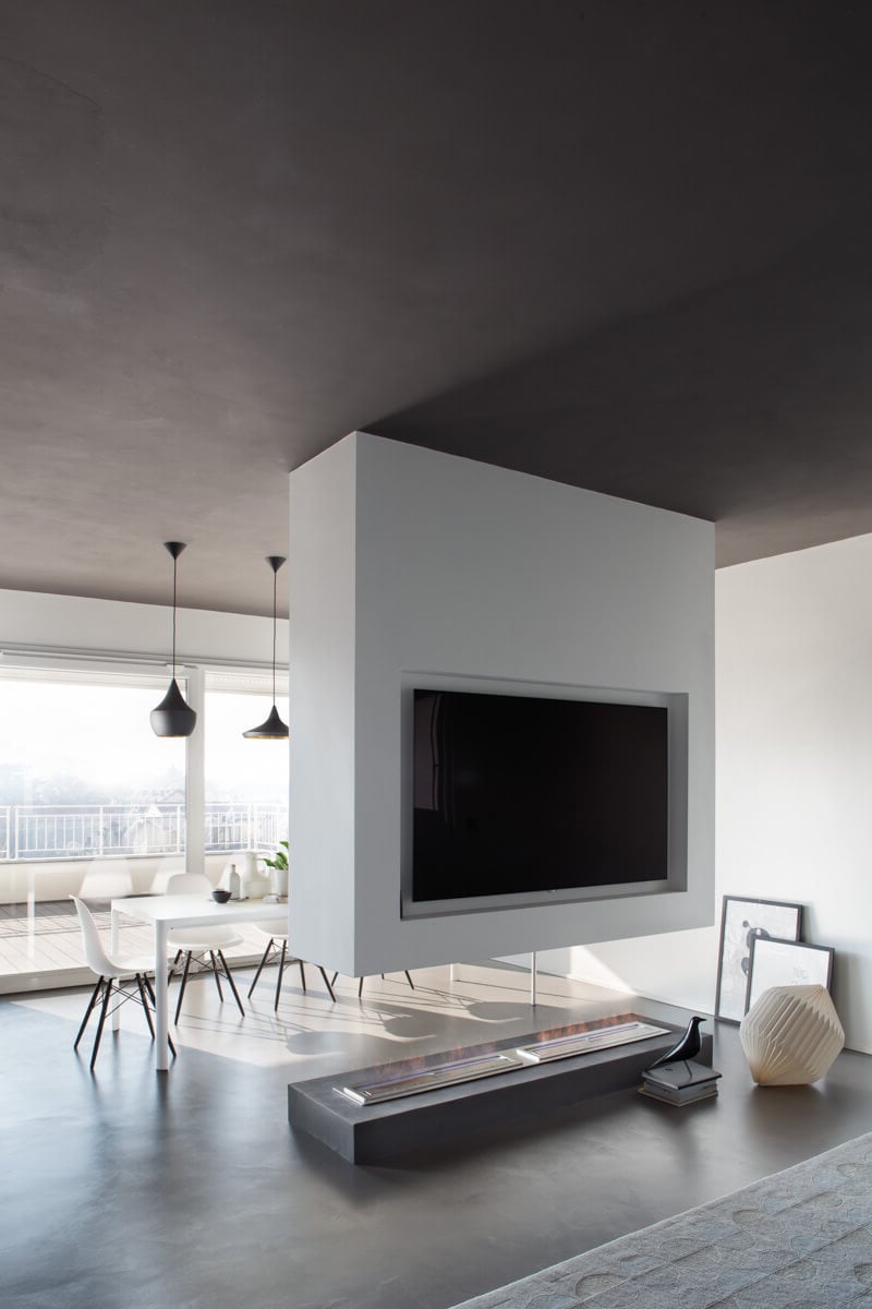 cheminée suspendue gaz séparation pièce salon salle à manger