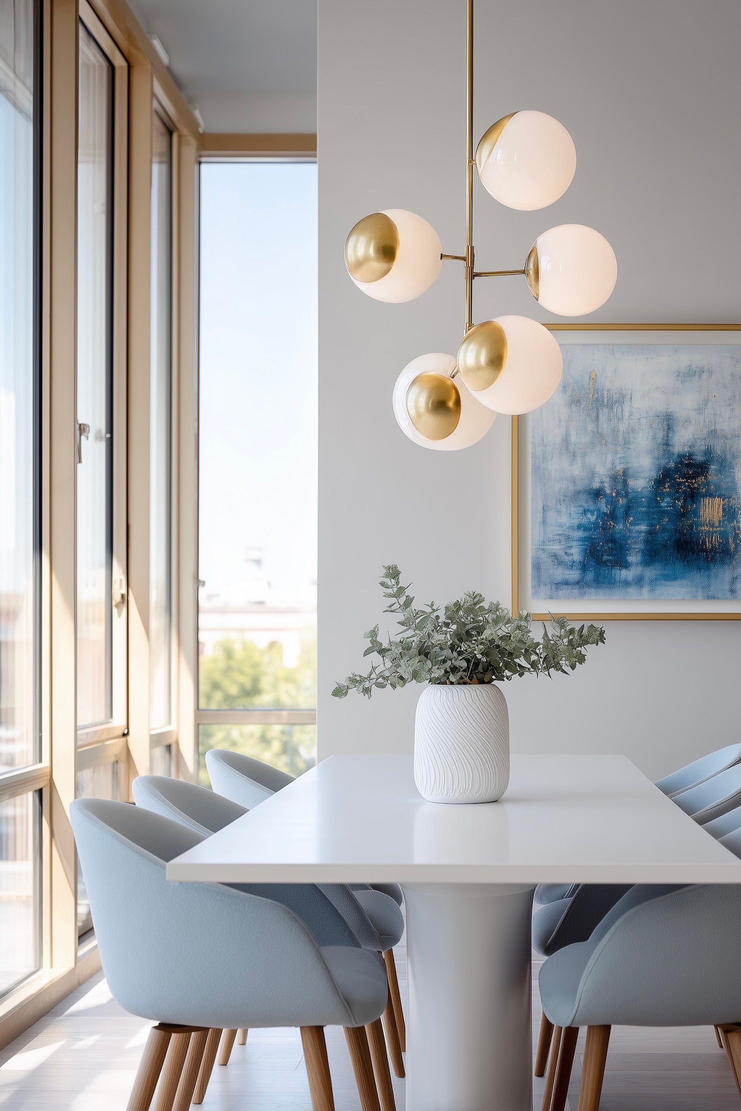 intérieur blanc chaise bleue lampe suspension laiton boule