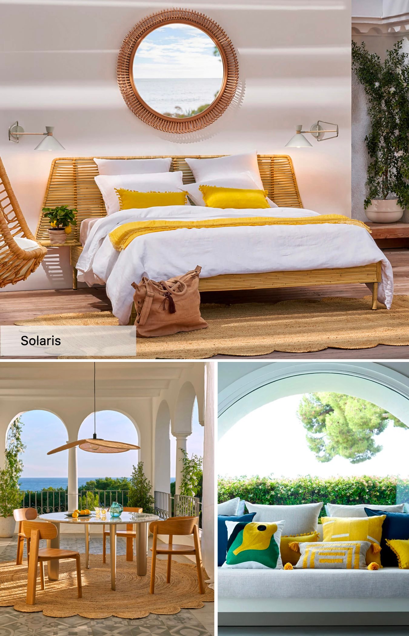 maison méditerranéenne déco bois blanc jaune chambre