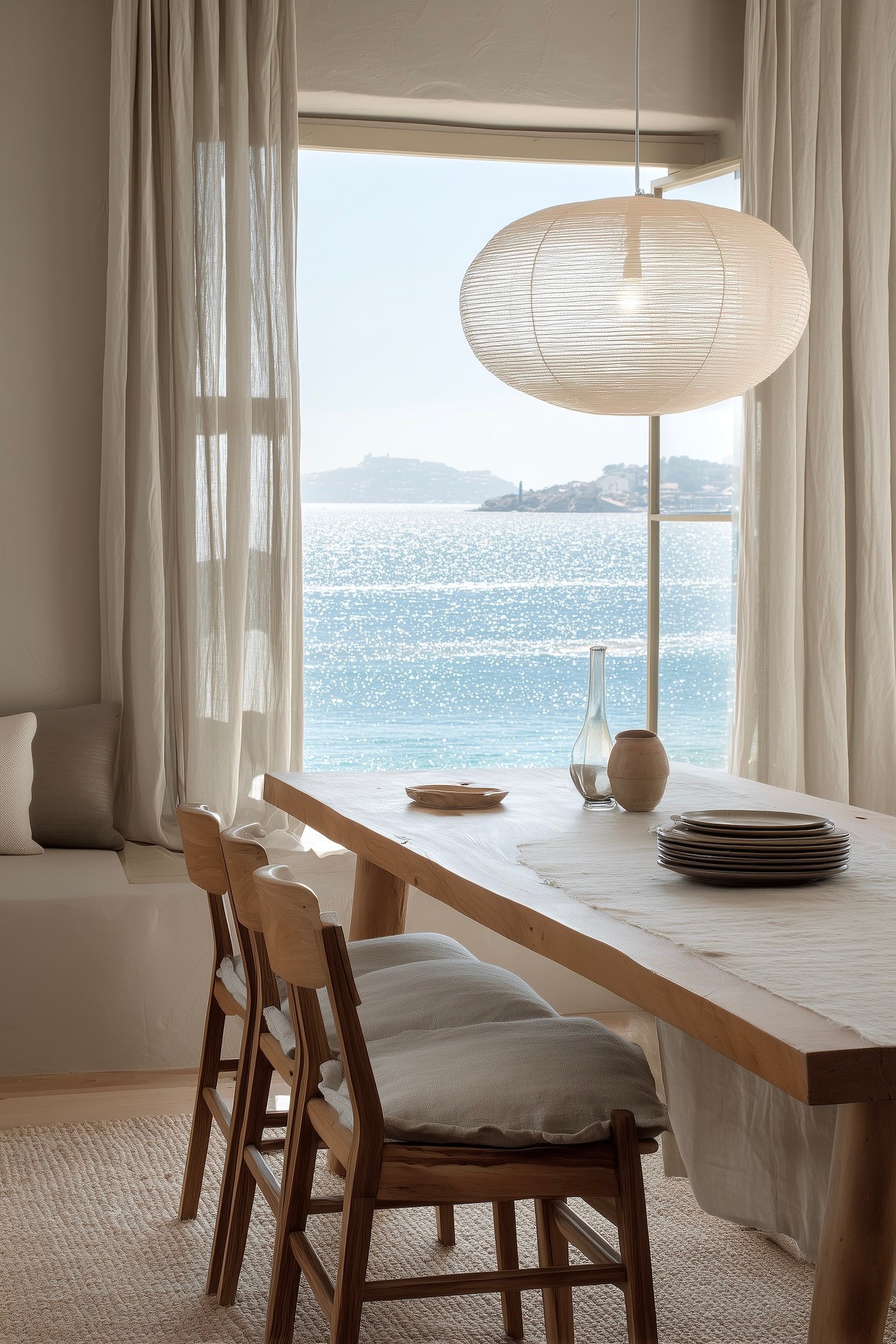 salle à manger bord de mer jonc bois banquette béton ciré