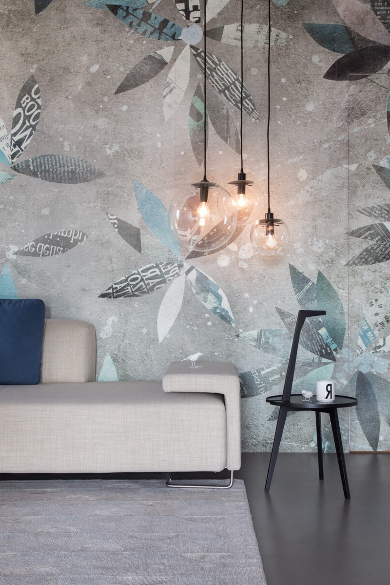 salon déco gris bleu papier peint façon collage
